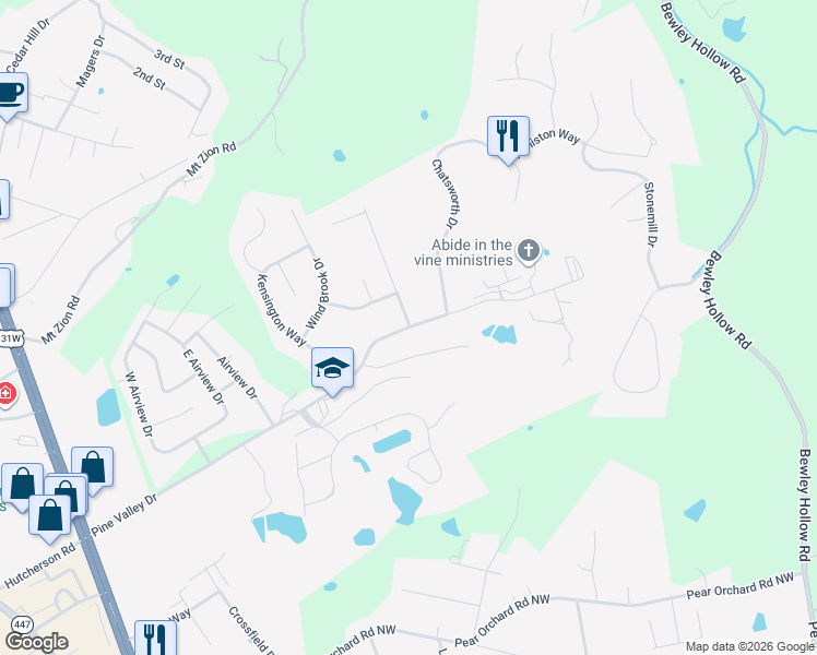 map of restaurants, bars, coffee shops, grocery stores, and more near 845 Pine Valley Drive in Elizabethtown