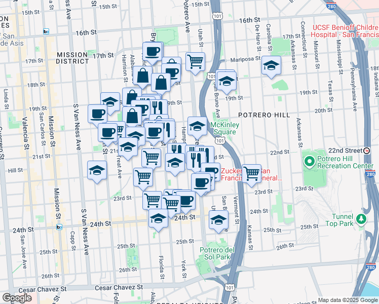 map of restaurants, bars, coffee shops, grocery stores, and more near 2622 21st Street in San Francisco