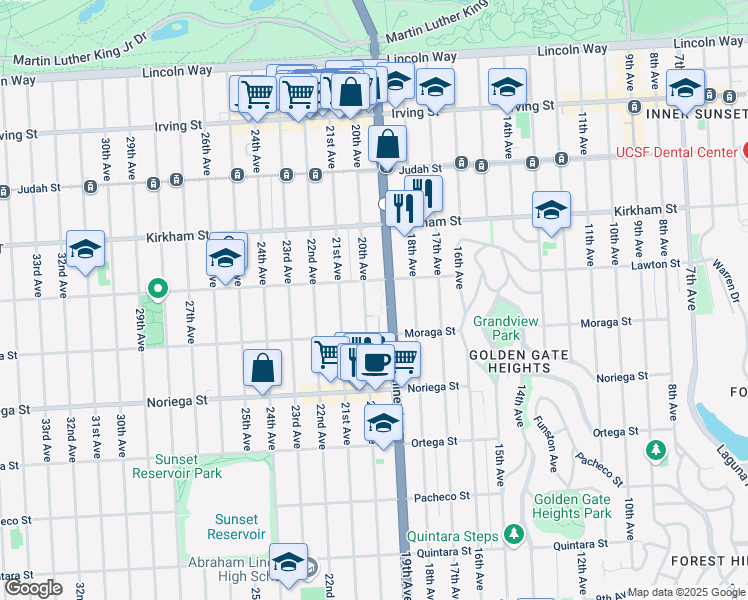 map of restaurants, bars, coffee shops, grocery stores, and more near 1601 19th Avenue in San Francisco