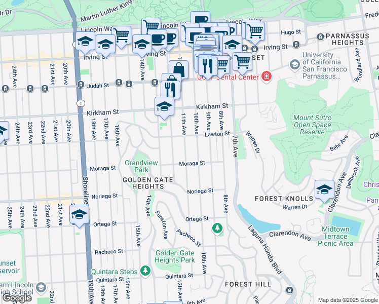 map of restaurants, bars, coffee shops, grocery stores, and more near 419 Lawton Street in San Francisco