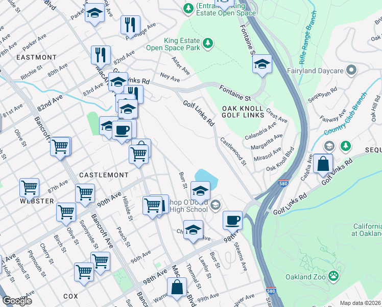 map of restaurants, bars, coffee shops, grocery stores, and more near 8555 Golf Links Road in Oakland