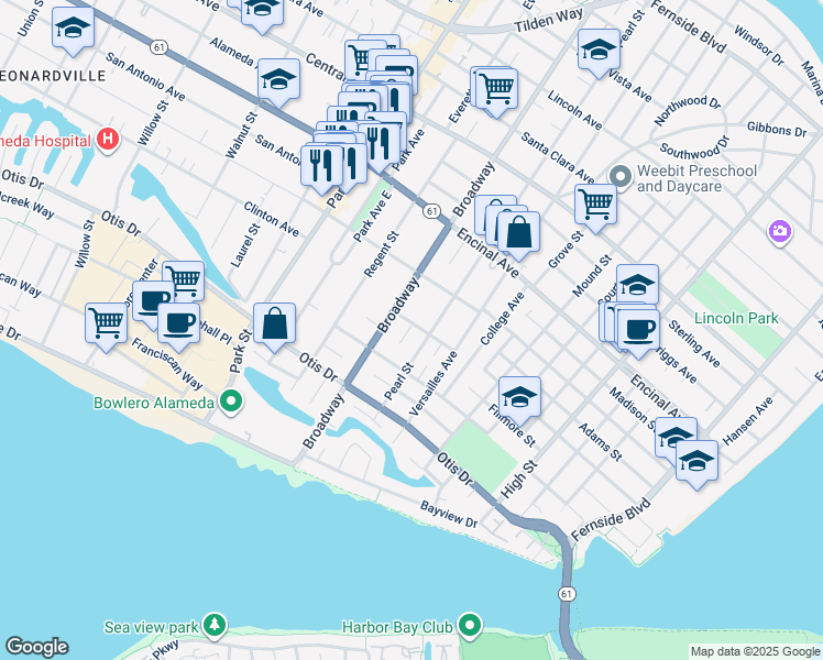 map of restaurants, bars, coffee shops, grocery stores, and more near 2618 Washington Street in Alameda