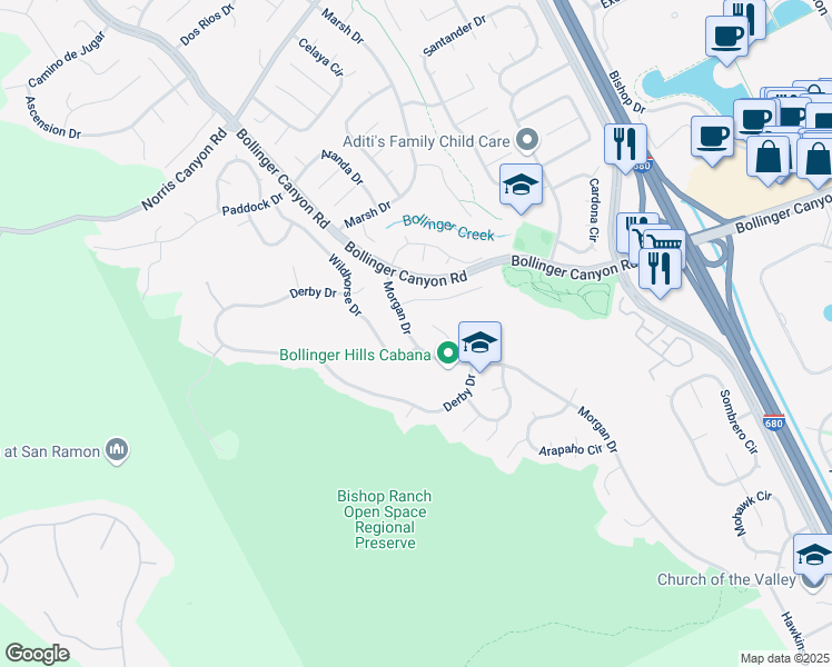 map of restaurants, bars, coffee shops, grocery stores, and more near 2968 Morgan Drive in San Ramon
