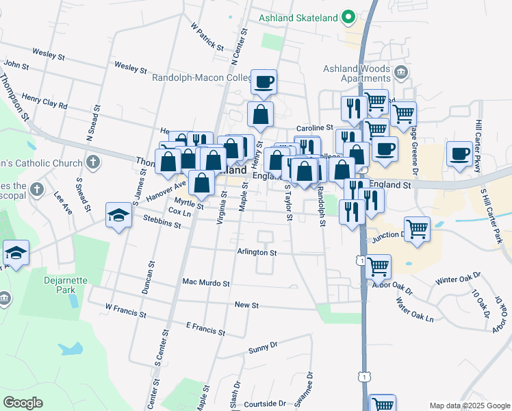 map of restaurants, bars, coffee shops, grocery stores, and more near 302 Myrtle Street in Ashland