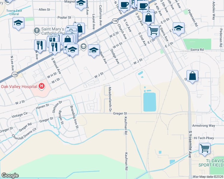 map of restaurants, bars, coffee shops, grocery stores, and more near 863 Meadowlands Drive in Oakdale