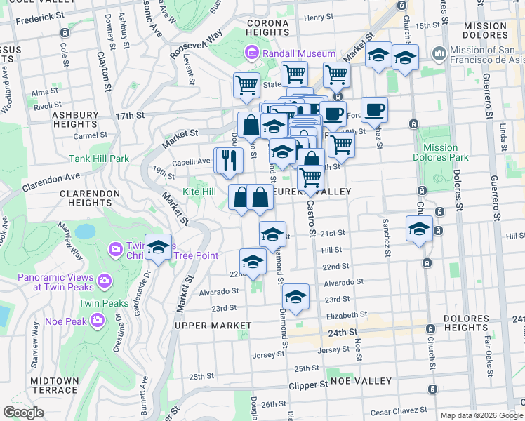 map of restaurants, bars, coffee shops, grocery stores, and more near 271 Eureka Street in San Francisco