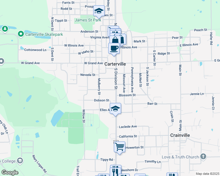 map of restaurants, bars, coffee shops, grocery stores, and more near 403 South Division Street in Carterville