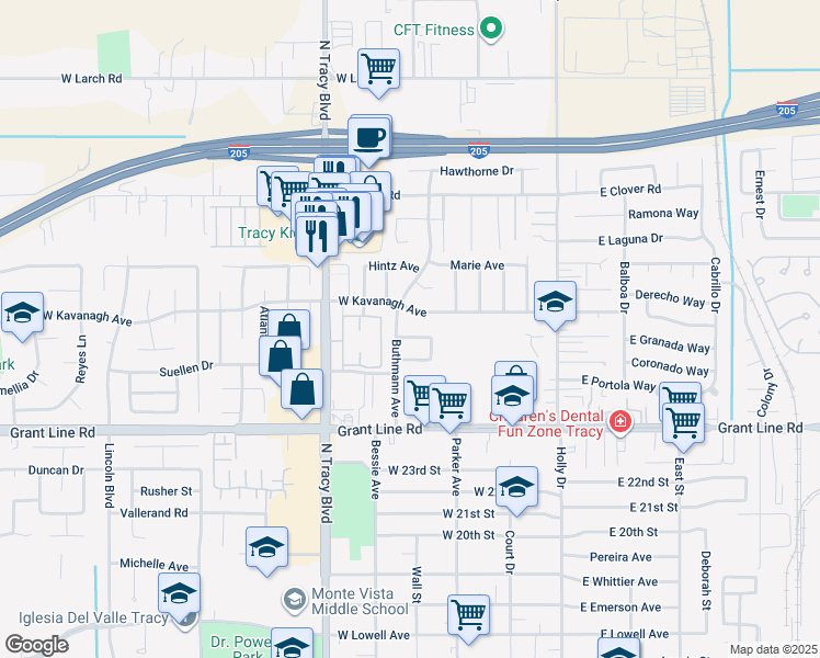 map of restaurants, bars, coffee shops, grocery stores, and more near 471 Helen Avenue in Tracy