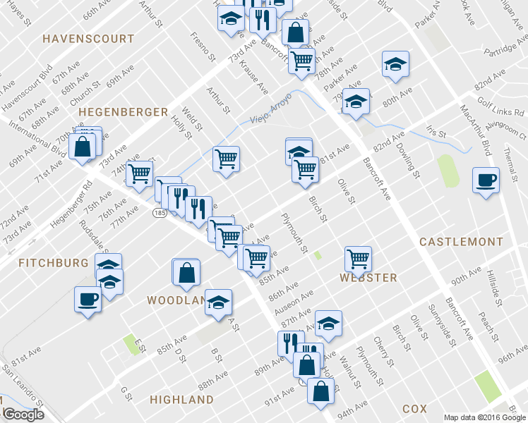 map of restaurants, bars, coffee shops, grocery stores, and more near 1666 81st Avenue in Oakland