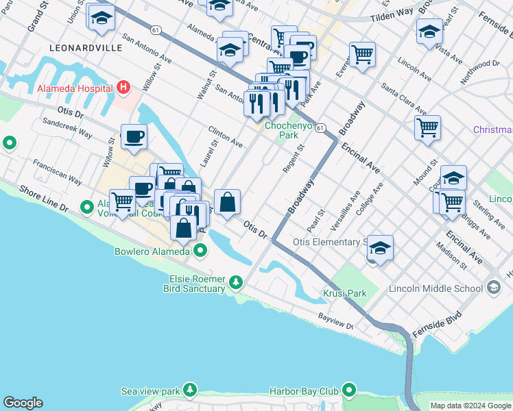 map of restaurants, bars, coffee shops, grocery stores, and more near 1115 Regent Street in Alameda
