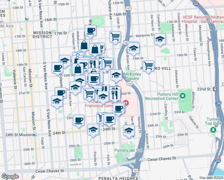 map of restaurants, bars, coffee shops, grocery stores, and more near 2622 21st Street in San Francisco