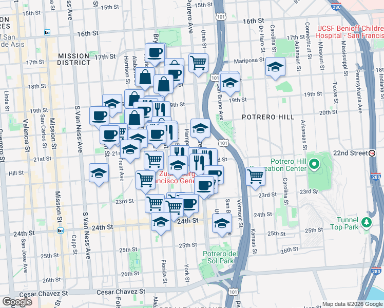 map of restaurants, bars, coffee shops, grocery stores, and more near 2622 21st Street in San Francisco