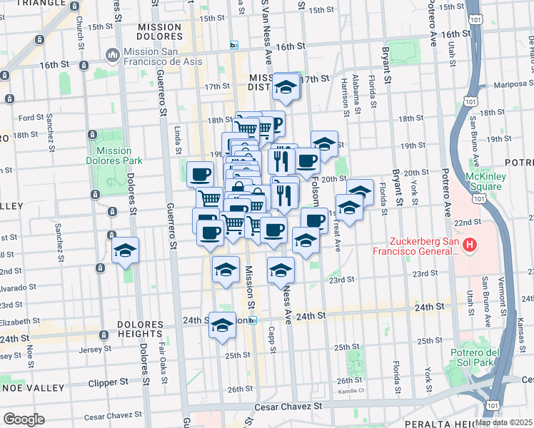 map of restaurants, bars, coffee shops, grocery stores, and more near 2471 Mission Street in San Francisco