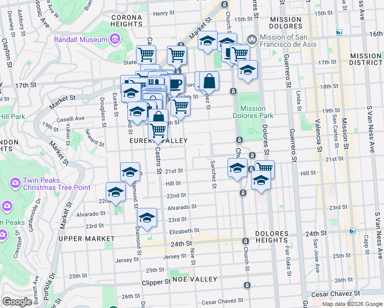 map of restaurants, bars, coffee shops, grocery stores, and more near 4052 20th Street in San Francisco