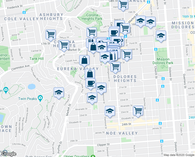 map of restaurants, bars, coffee shops, grocery stores, and more near 271 Eureka Street in San Francisco