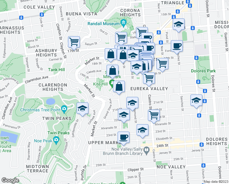 map of restaurants, bars, coffee shops, grocery stores, and more near 363 Douglass Street in San Francisco