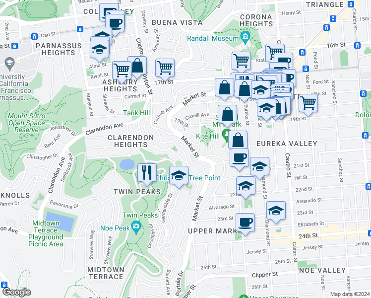map of restaurants, bars, coffee shops, grocery stores, and more near 3369 Market Street in San Francisco