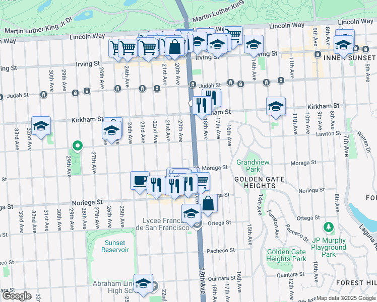 map of restaurants, bars, coffee shops, grocery stores, and more near 1243 Lawton Street in San Francisco