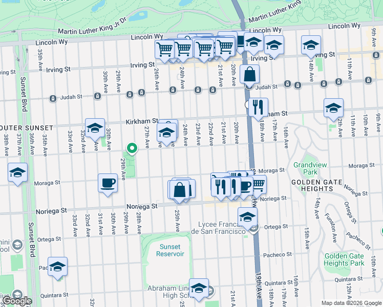map of restaurants, bars, coffee shops, grocery stores, and more near 1594 23rd Avenue in San Francisco