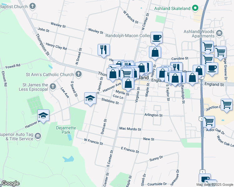 map of restaurants, bars, coffee shops, grocery stores, and more near in Ashland