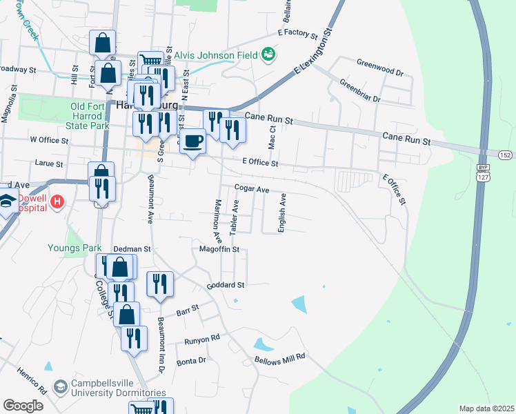 map of restaurants, bars, coffee shops, grocery stores, and more near 446 Cogar Avenue in Harrodsburg