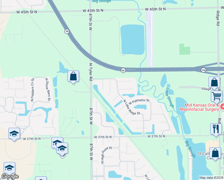 map of restaurants, bars, coffee shops, grocery stores, and more near 8513 Candlewood Court in Wichita