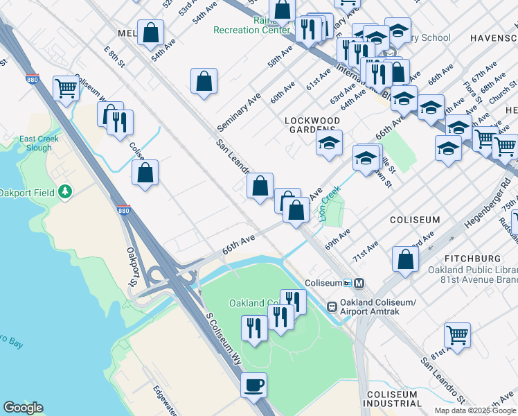 map of restaurants, bars, coffee shops, grocery stores, and more near 5900-6502 San Leandro St in Oakland