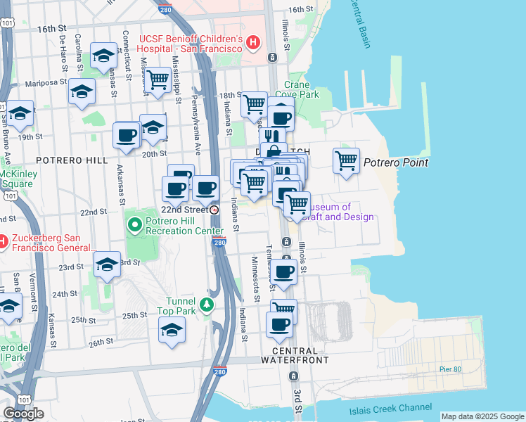 map of restaurants, bars, coffee shops, grocery stores, and more near 1128 Tennessee Street in San Francisco