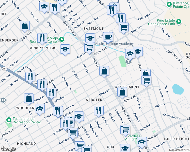 map of restaurants, bars, coffee shops, grocery stores, and more near 2037 84th Avenue in Oakland