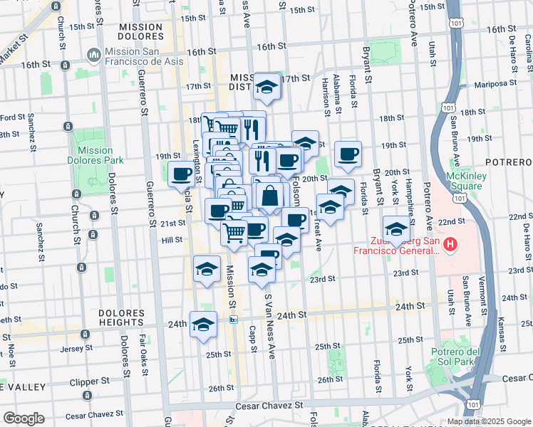 map of restaurants, bars, coffee shops, grocery stores, and more near 3088 21st Street in San Francisco
