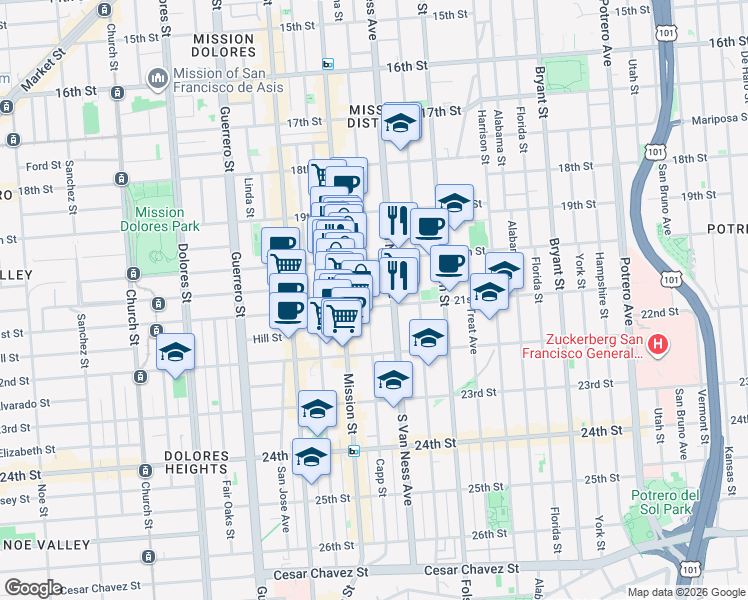 map of restaurants, bars, coffee shops, grocery stores, and more near 2471 Mission Street in San Francisco