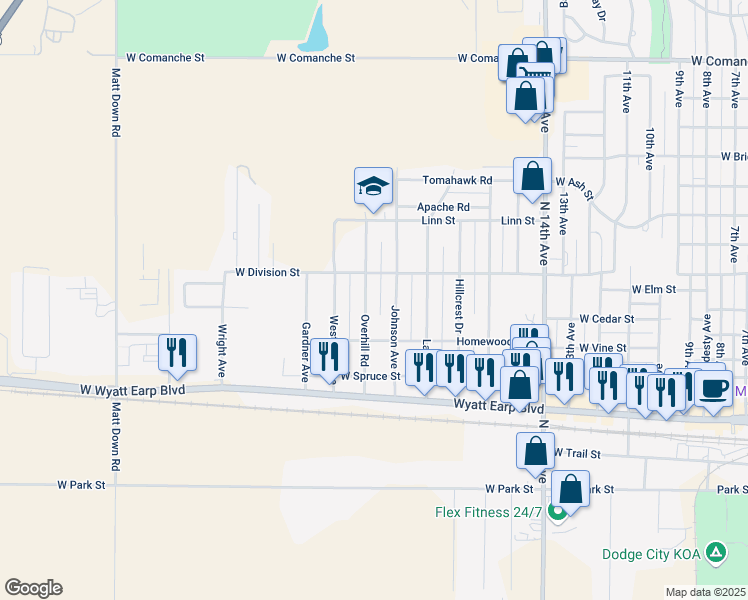 map of restaurants, bars, coffee shops, grocery stores, and more near 801-1099 Johnson Avenue in Dodge City