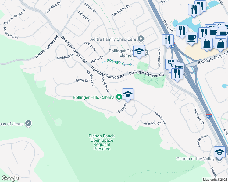 map of restaurants, bars, coffee shops, grocery stores, and more near 51 Seneca Lane in San Ramon