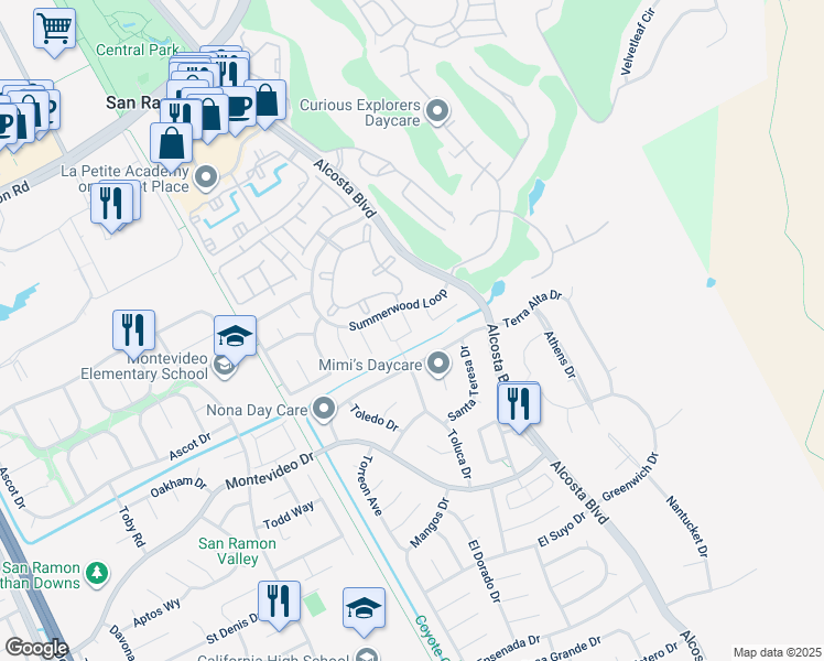 map of restaurants, bars, coffee shops, grocery stores, and more near 240 Summerford Circle in San Ramon