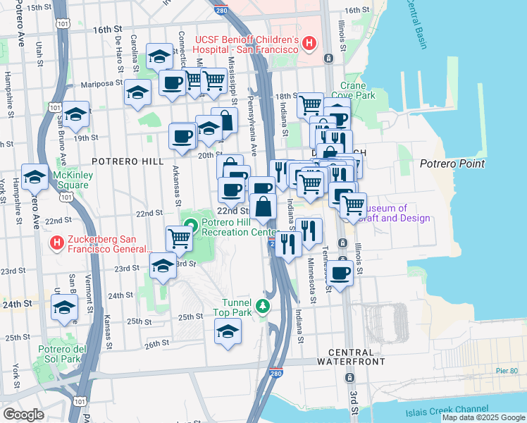 map of restaurants, bars, coffee shops, grocery stores, and more near 701 Pennsylvania Avenue in San Francisco