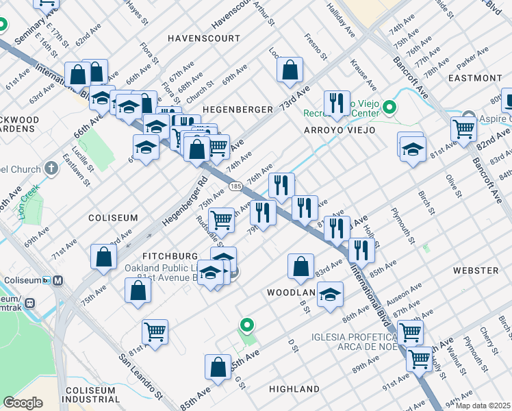 map of restaurants, bars, coffee shops, grocery stores, and more near 7747 International Boulevard in Oakland