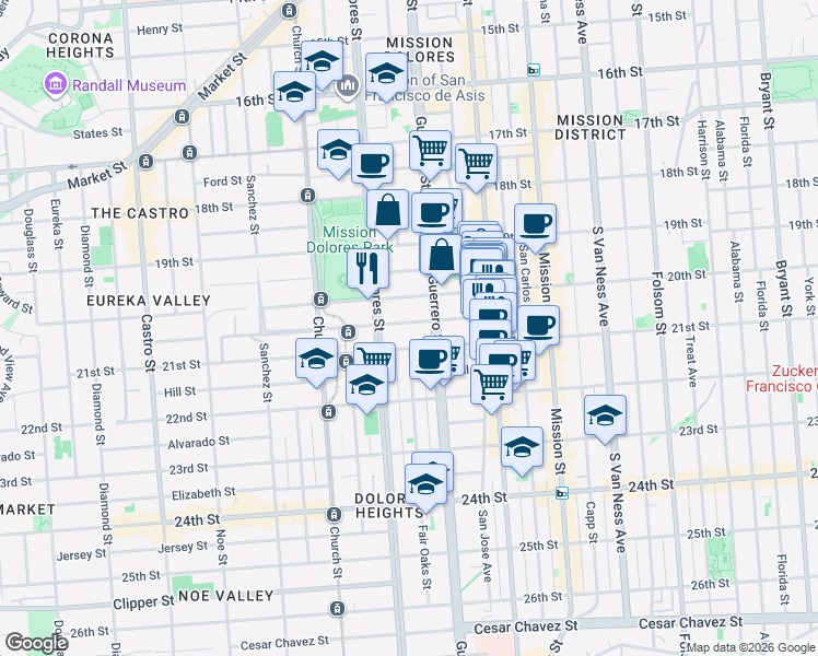 map of restaurants, bars, coffee shops, grocery stores, and more near 15 Liberty Street in San Francisco