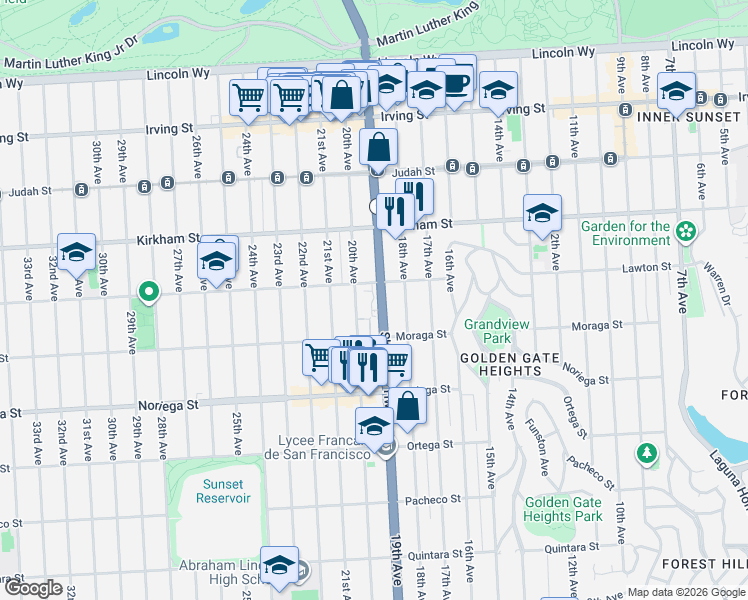 map of restaurants, bars, coffee shops, grocery stores, and more near 1601 19th Avenue in San Francisco