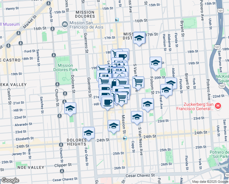 map of restaurants, bars, coffee shops, grocery stores, and more near 2405 Mission Street in San Francisco