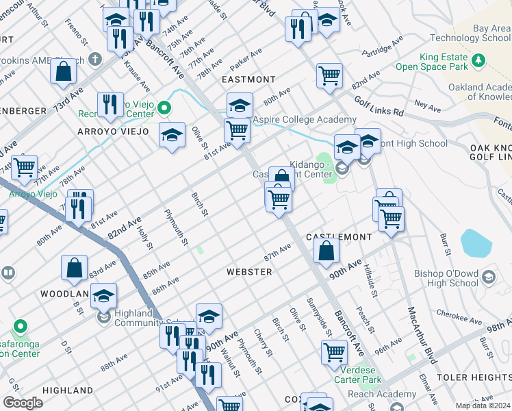 map of restaurants, bars, coffee shops, grocery stores, and more near 2037 84th Avenue in Oakland