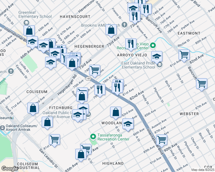 map of restaurants, bars, coffee shops, grocery stores, and more near 1432 78th Avenue in Oakland