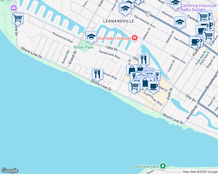 map of restaurants, bars, coffee shops, grocery stores, and more near 2028 Franciscan Way in Alameda
