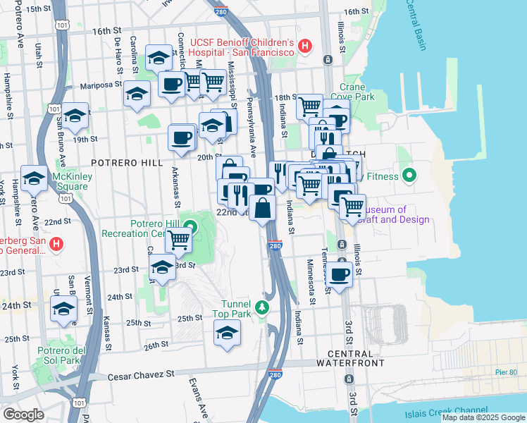 map of restaurants, bars, coffee shops, grocery stores, and more near 1150 22nd Street in San Francisco
