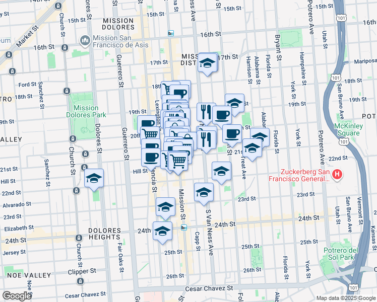 map of restaurants, bars, coffee shops, grocery stores, and more near 2471 Mission Street in San Francisco