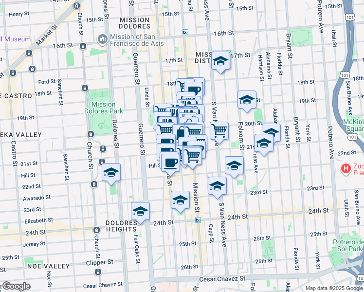 map of restaurants, bars, coffee shops, grocery stores, and more near 2405 Mission Street in San Francisco