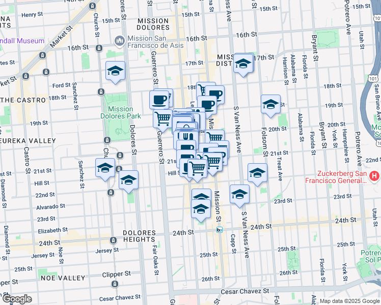 map of restaurants, bars, coffee shops, grocery stores, and more near 929 Valencia Street in San Francisco