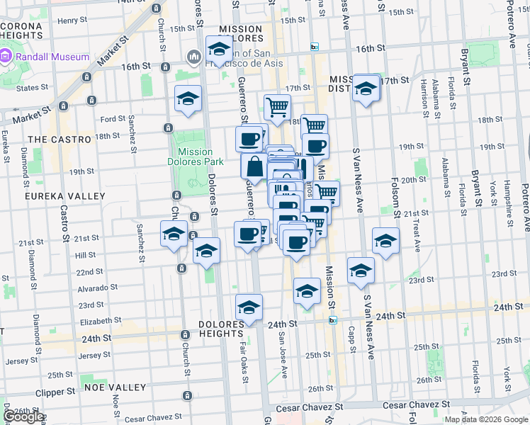 map of restaurants, bars, coffee shops, grocery stores, and more near 58 Liberty Street in San Francisco