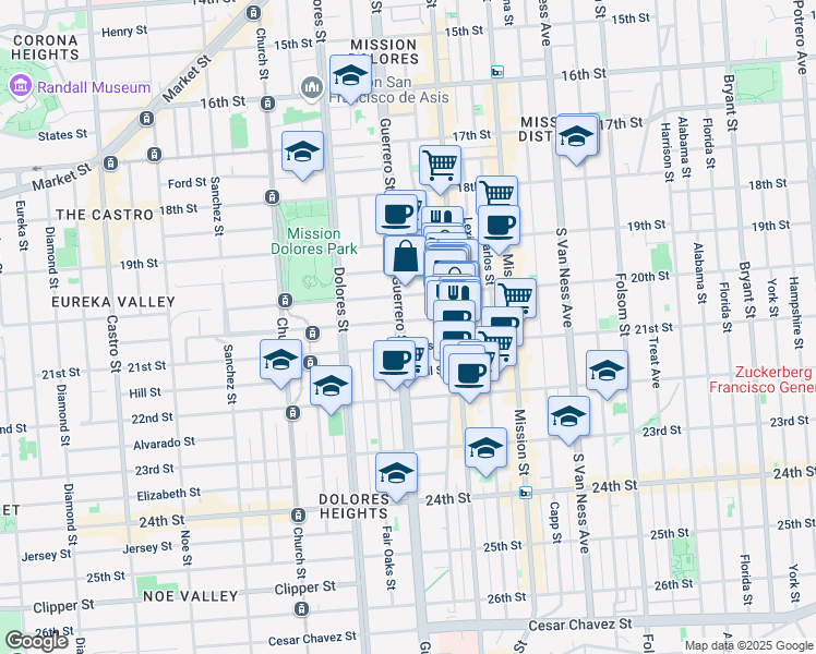 map of restaurants, bars, coffee shops, grocery stores, and more near 58 Liberty Street in San Francisco