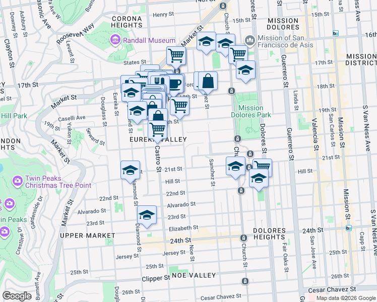 map of restaurants, bars, coffee shops, grocery stores, and more near 4052 20th Street in San Francisco