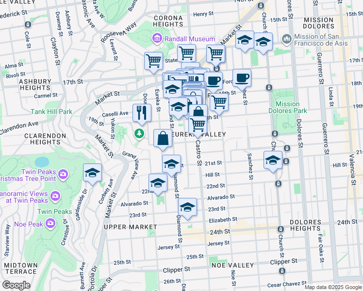 map of restaurants, bars, coffee shops, grocery stores, and more near 274 Collingwood Street in San Francisco